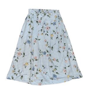 Cottagecore Blue Checkered Floral Midi Skirt A-Line Size 8